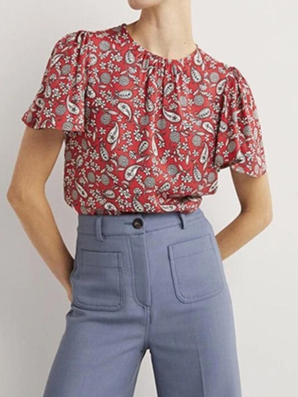 Boden Silk Blend Red Paisley Top Size 6 Flutter Sleeve Feminine Blouse